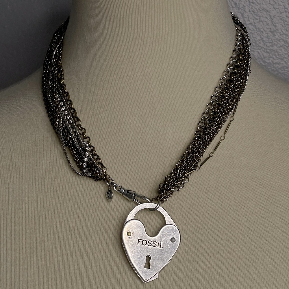 Fossil Luv Story Multi Strand Mixed Metal Crystal Locket Heart Necklace Eclectic